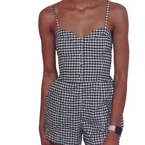 Abercrombie & Fitch Gingham Romper Navy Blue White Smocked Back Pockets Small